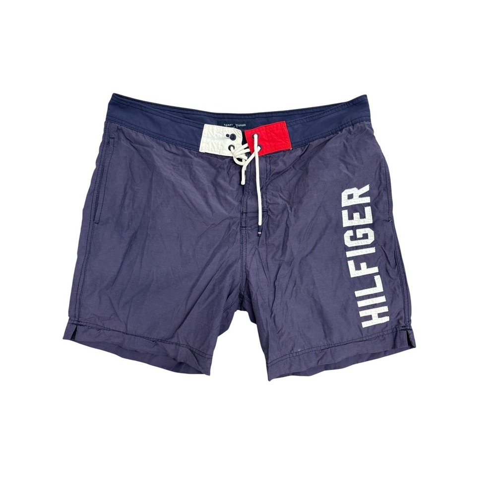 Tommy Hilfiger Mens Navy Blue Colorblock Logo Board Shorts Swim Trunks Large